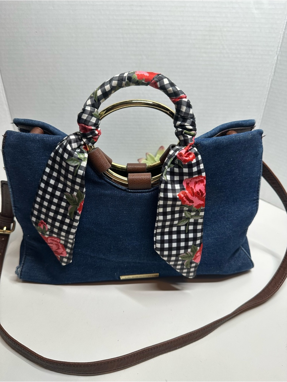 Liz Claiborne Navy Denim Satchel with Floral Gingham Scarf and Gold Handles
